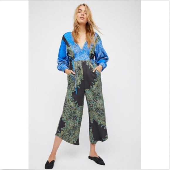 Free People blooming fields blue green jumpsuit - Picture 2 of 10